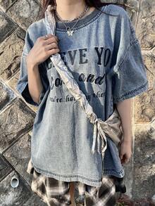 FRIFUL Women's Casual Vacation Fashion Street Slogan Embroidery Loose Denim Blouse, Suitable For Daily Commute Summer - Blue - View 9