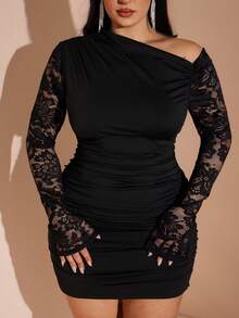 SHEIN BAE Vestido curto de manga longa com renda preta, elegante para encontros e passeios, vestido plus size para primavera e verão - Preto - Visão 6