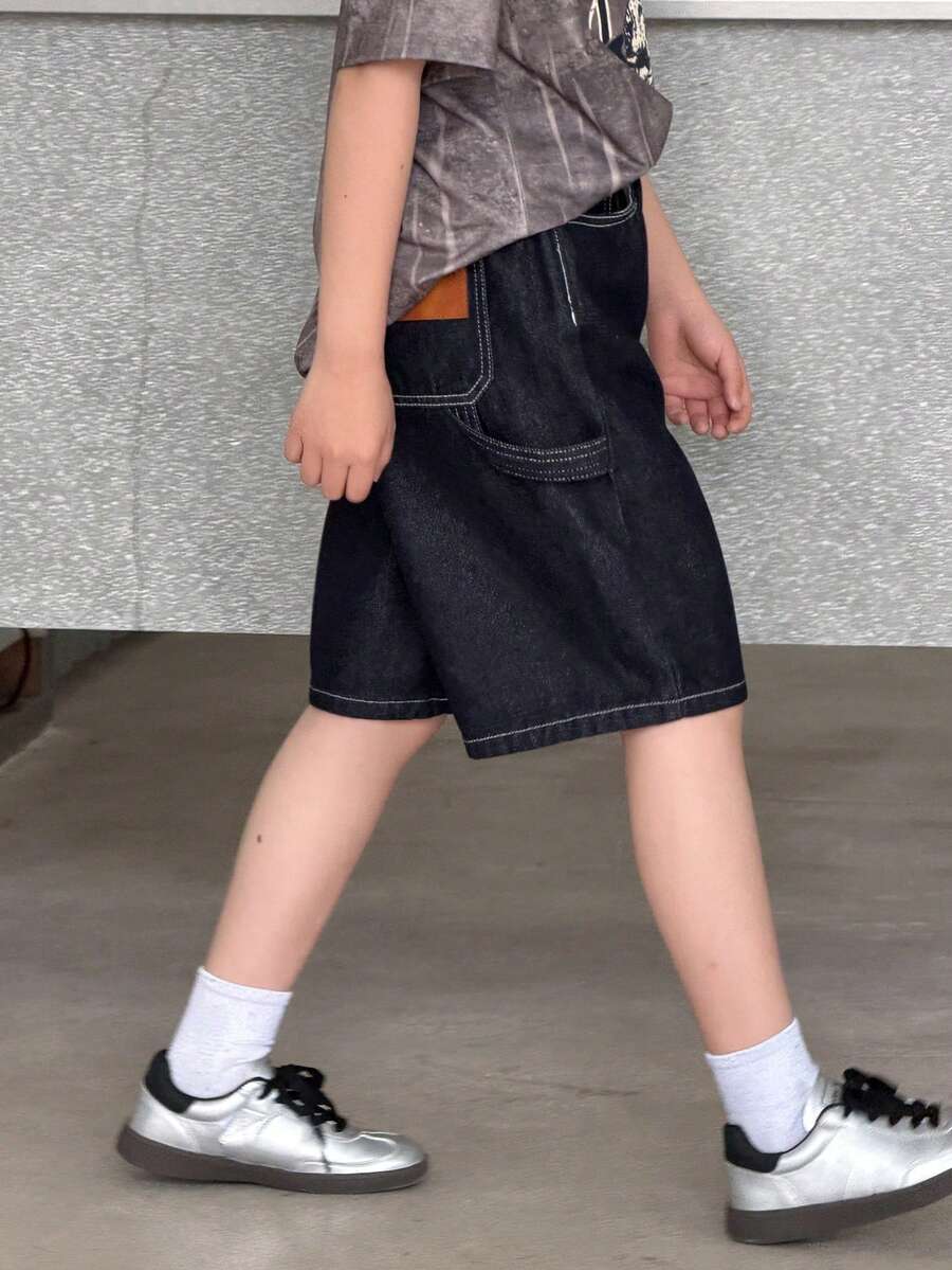 DAZY 青少年男孩字母图案口袋设计宽松百慕大牛仔短裤 - 藍色 - 查看 1