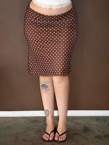 Arliah Coffee Brown Polka Dot Mesh Skirt, Midi Skirt, Brown Mesh, Retro Casual Style, 2025 Autumn/Winter. - Coffee Brown - View 5