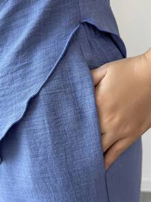 SHEIN Elenzya New Summer Draped Neck Faux Linen Bamboo Knot Denim Blue 2 Pieces Set, Suitable For Travel And Photography, Elegant Deep Sea Blue Asymmetric Shoulder Top + High Waist Casual Pants - Blue - View 7