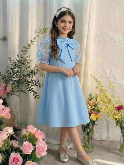 Pitira Kids Tween Girl Light Blue Solid Color Bow Decor Stand Collar Puff Sleeve A-Line Dress, Suitable For Spring, Summer, Autumn And Winter, Elegant Princess Style, Formal Occasion, Party, Birthday Outfit Tween Girl Dress With Sleeve Girls Bow Frocks Blue Dress For Tweens Sky Blue Dress For Girls Tween Blue Bow Dresses