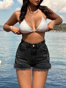 EURMUSE 100%Cotton Back Label Detailed Short With Destroy - Black - View 5