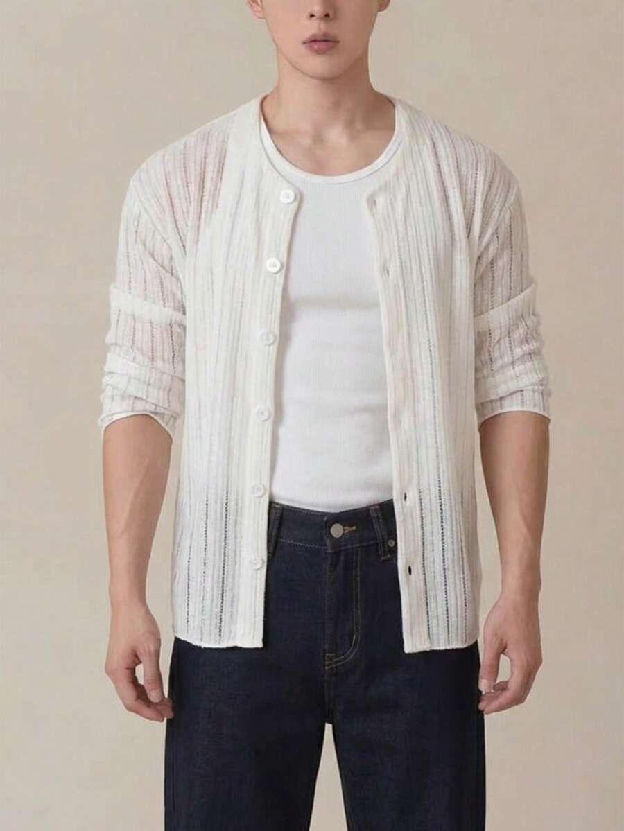 Manfinity Homme 男士休闲轻薄开衫,纯色,适合春秋季日常通勤 - 白色 - 查看 1