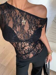 Siren Gaze Women's Sexy Sheer Lace Asymmetric Neck Blouse, Summer - Black - View 3