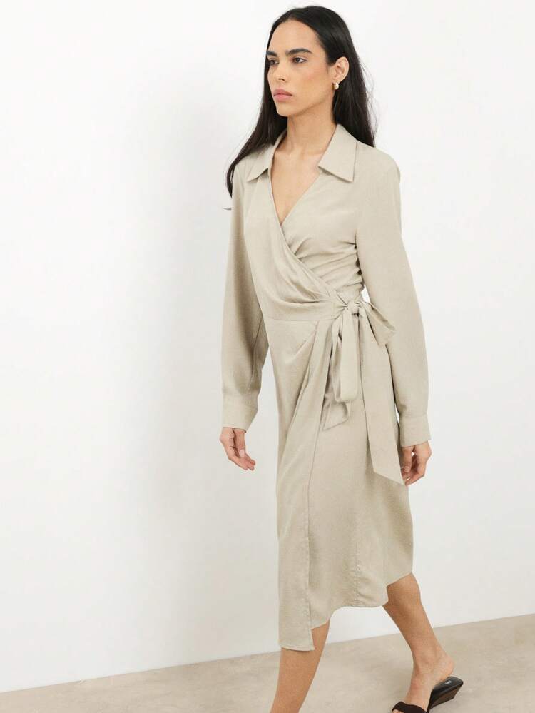 KSTM Women's Beige Wrap Midi Dress With Long Sleeves And Collared Neckline For Work And Casual Occasions