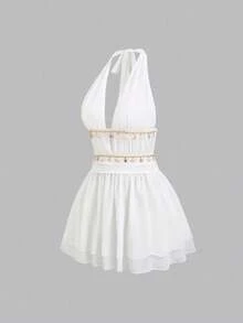 Sweetra New Spring/Summer Women's Stylish High Street Retro Sexy Slim Fit Patchwork Shell Ruffle Hem Casual Comfortable White Dress - White - View 8
