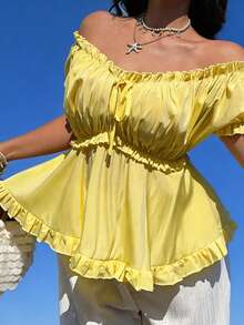 Sunnyshic Plus Size Women's Summer Casual Solid Color Off-Shoulder Frill Trim Bow Tie Front Short Sleeve A-Line Blouse - Light Yellow - View 1