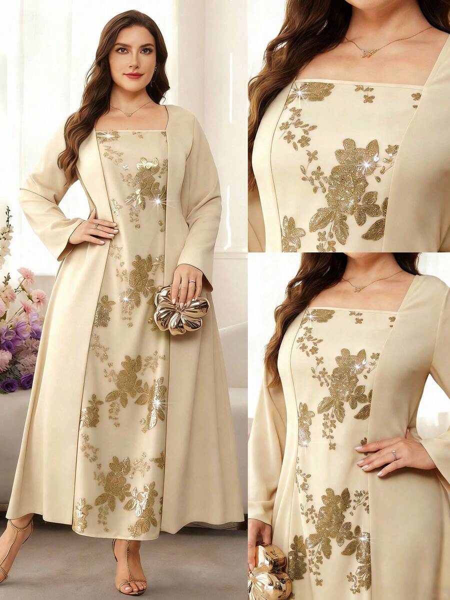 Modelyn Plus Size Elegant Women's Long Sleeve Patchwork Beaded Embroidered Dress - Apricot - View 1