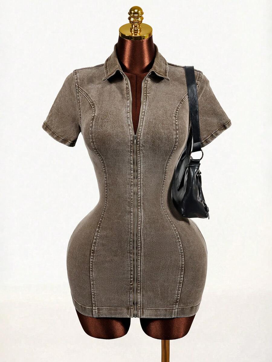 Mistrie Women's Short Sleeve Zip Front Fitted Casual Denim Dress - Brown - View 1