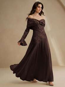 Anewsta White Elastic Fitted Flare Sleeve Off Shoulder Long Dress For Women - Brown - View 3