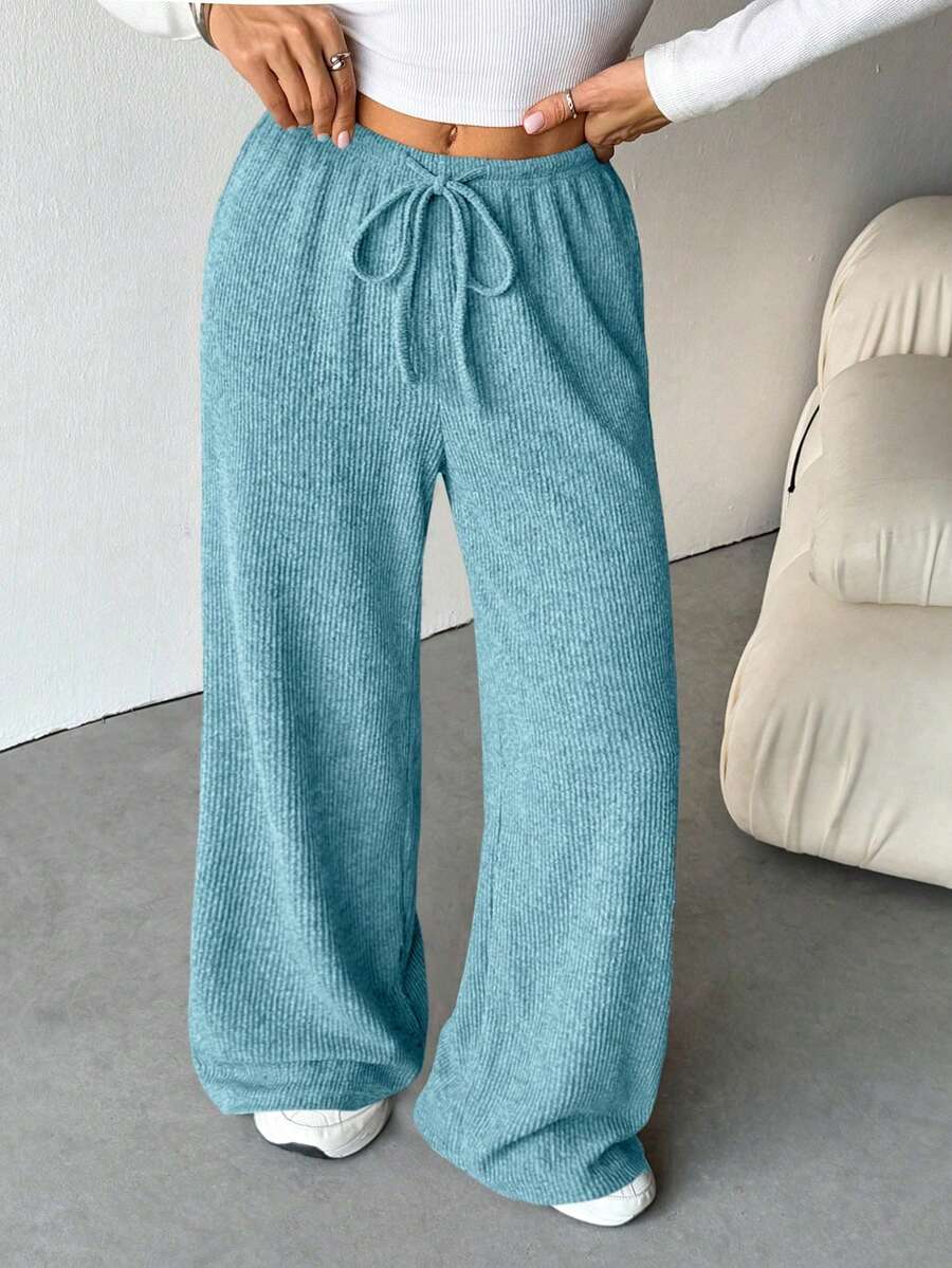 SHEIN Tall Quần ống rộng nữ chất liệu gân, mềm mại, thích hợp cho mùa thu/đông. - Màu xanh lam - Xem 1