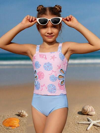 SHEIN Tween Girl Shell Print Hollow Camisole And Solid Color Triangle Tankini 2-Piece Swimsuit Set
