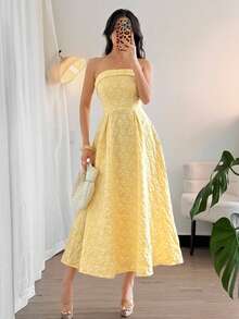 Firerie Vestido midi de talle alto y línea A, con textura, elegante y romántico para mujer, sin tirantes, color amarillo, adecuado para citas, vacaciones y fiestas - Amarillo - Ver 6