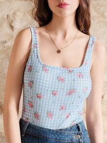 lacRébo Blue Gingham Floral Bodysuit With Rose Detail And Open BackRib Fabric Spring Summer French Style Parisian Style - Blue - View 4