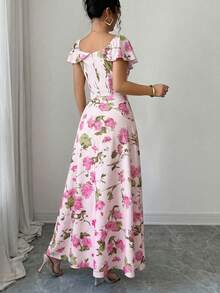 Elenzga Ruffled Waist A-Line Ditsy Floral Elegant French Style Dress - Pink - View 2