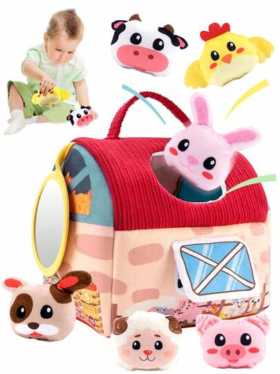 MINKOJA - SELECTS 【惊喜谷仓】6-12个月宝宝惊喜谷仓，内含毛绒农场动物、摇铃、沙沙纸、镜子玩具 | 幼儿感官球 - 幼儿复活节篮子填充物礼物，复活节，复活节礼物，儿童节，婴儿用品，婴儿必需品，婴儿玩具，婴儿摇铃和毛绒戒指