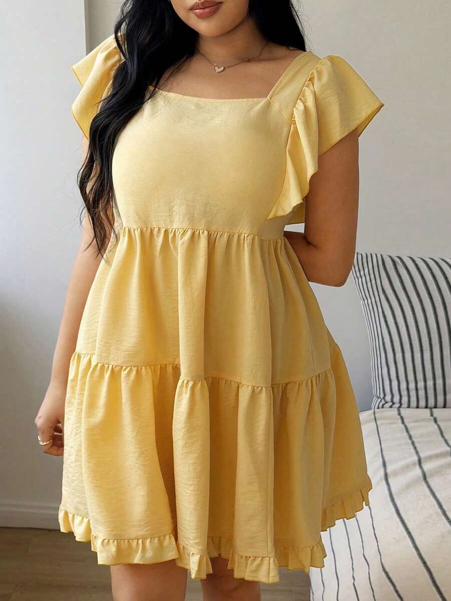 Sunnyshic Đầm babydoll dáng rộng, bèo nhún, thích hợp cho mùa xuân/hè. - Màu vàng - Xem 1