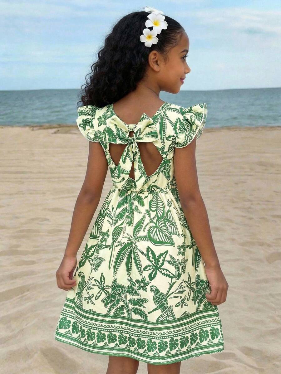 Sparklyn Vestido midi ajustado de verano/primavera para niñas (talla grande) con estampado de hojas y flores en estilo bohemio colorido, cuello redondo, volantes y lazo 3D en la espalda