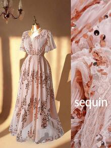 Ellevyn 大码女式V领亮片拼接褶皱腰身优雅连衣裙 - 杏色 - 查看 7