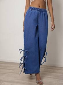 Sunnyshic Women's Elastic Waist Knotted Casual Versatile Daily Wear Wide Leg Jeans - Blue - View 2