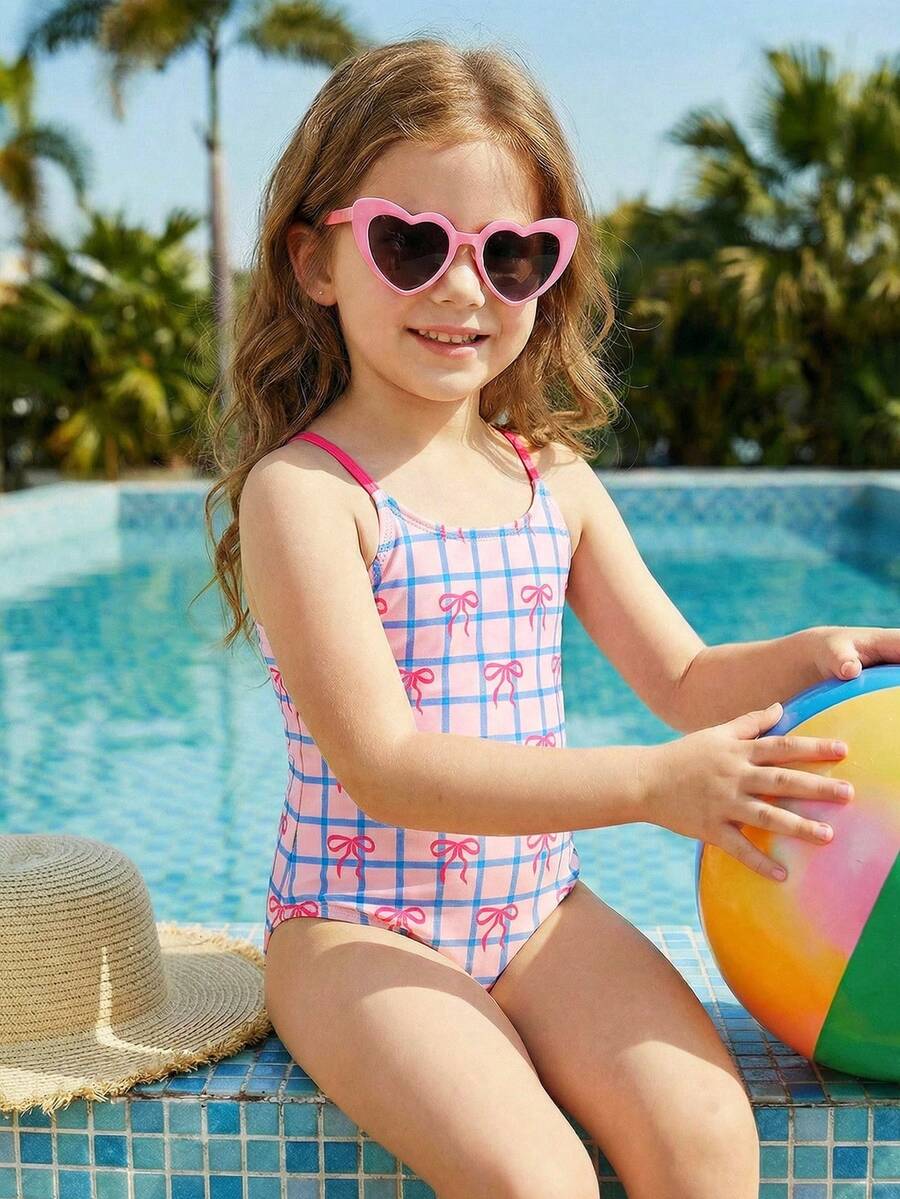 SHEIN Áo tắm liền thân màu xanh dương và hồng, họa tiết nơ và kẻ caro, dành cho bé gái, thích hợp cho mùa hè ở bãi biển, hồ bơi và kỳ nghỉ ven biển. - Nhiều màu - Xem 1