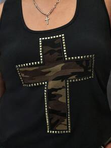 ROMWE Street Life Women's Retro Sexy Y2K Baddie Camouflage Sequin Patchwork Cross Decor All-Match Versatile Tank Top, Plus Size Tank Top - Black - View 5