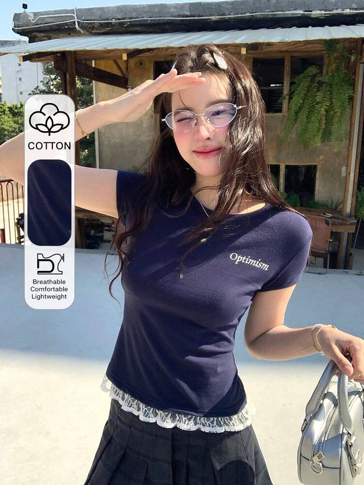 Women's Casual Daily Commute Versatile Slim Fit Letter Print Patchwork Sheer Lace Trim Short Sleeve T-Shirt, Summer