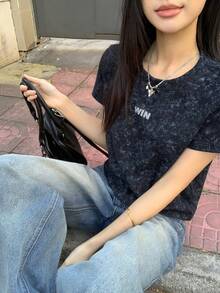 DAZY 女士圆领字母图案休闲百搭日常短袖T恤 - 黑色 - 查看 4