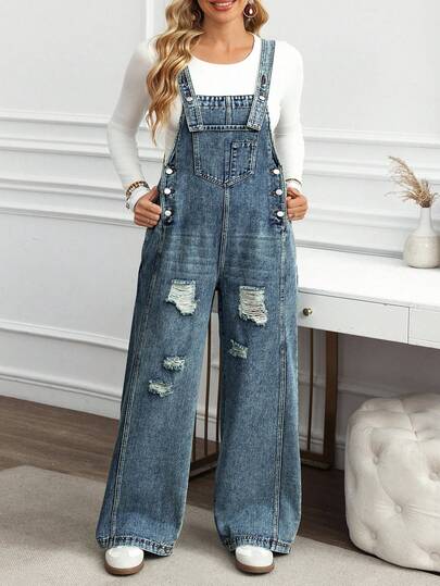 SHEIN CURVE+ 大码女式做旧休闲百搭日常牛仔背带裤阔腿裤