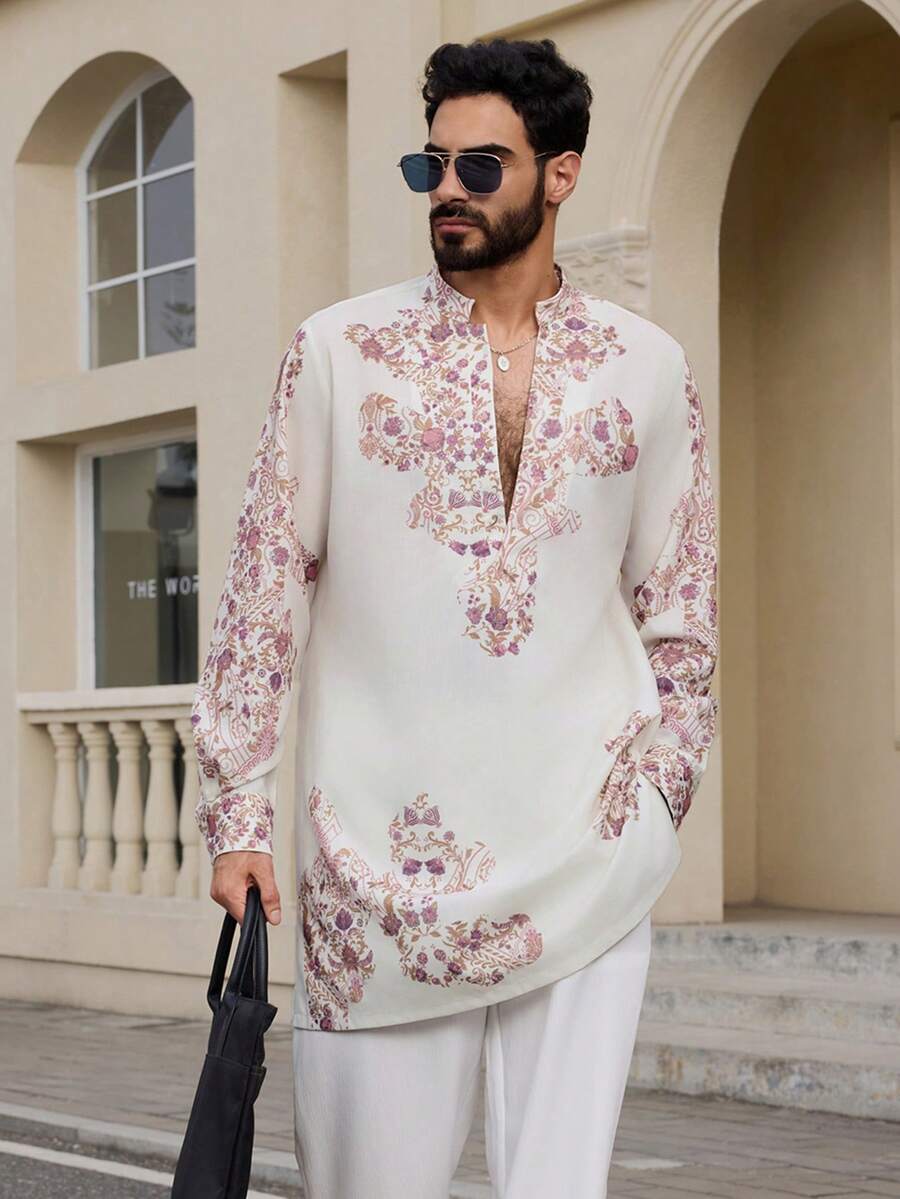 DAZY Mid-Length Printed Design Long Sleeve Men's Shirt Summer - Multicolor - View 1