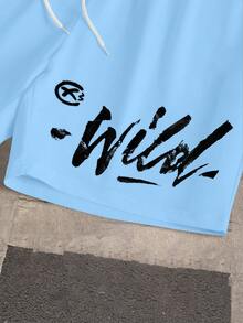 Manfinity EMRG 男士夸张趣味人像标签及标语印花街头风圆领短袖短裤两件套，男士街头时尚 - 彩色 - 查看 4