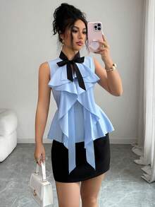 Elenzga Áo kiểu nữ thời trang xuân/hè mới, chất liệu dệt phối màu, cổ nơ, viền bèo nhún, eo thắt, thanh lịch, thích hợp cho buổi hẹn hò, không tay. - Màu xanh lam - Xem 2