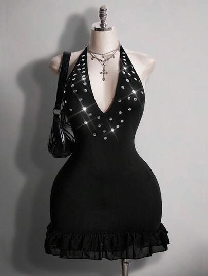 SHEIN ICON Đầm ôm sát gợi cảm cổ chữ V sâu kiểu Y2K dành cho người có thân hình mũm mĩm, viền bèo nhún, thích hợp cho các buổi hẹn hò, lễ hội âm nhạc và tiệc tùng.