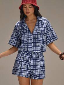 Athîral Women's Casual Denim Plaid Cropped Top And Shorts 2 Pieces Set - Medium Wash - View 4