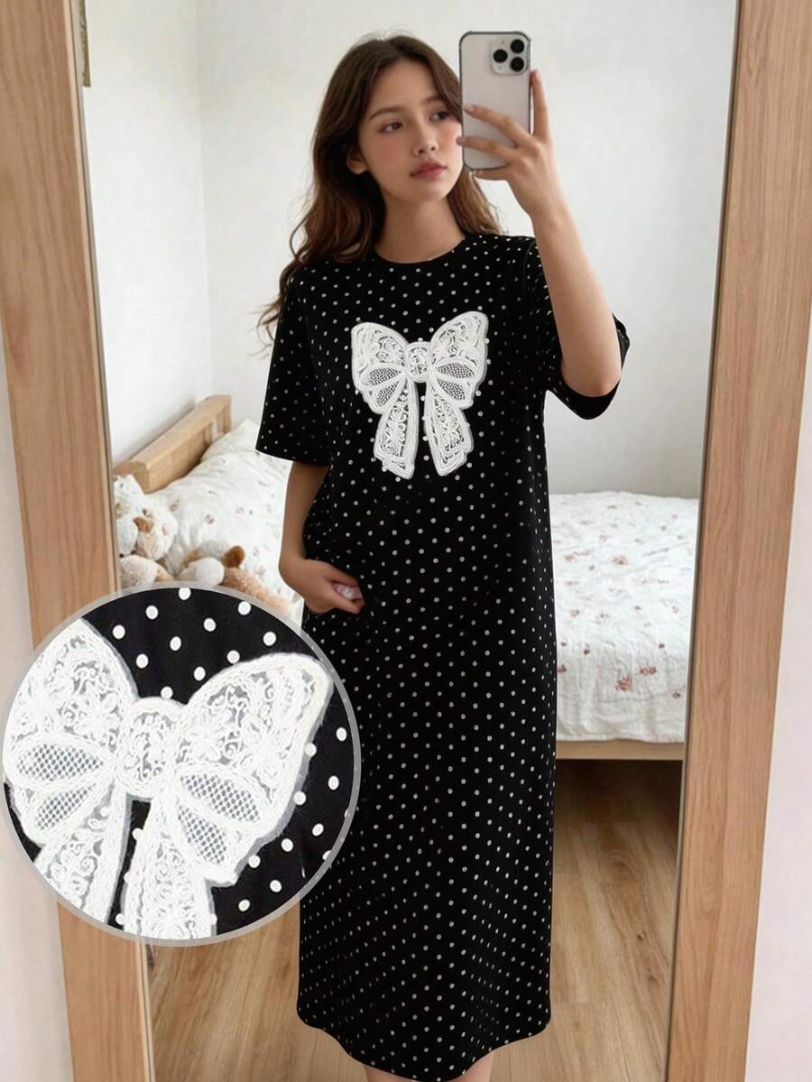 SHEIN Bộ đồ ngủ nữ tuổi teen màu đen chấm bi thêu nơ. - Đen và trắng - Xem 1