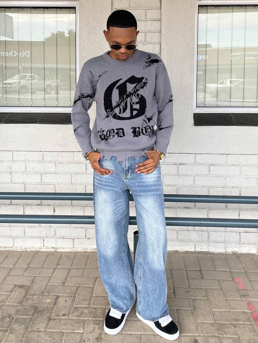 Ngobest Haus Ngobest Haus ANDREILEE 秋冬男女通用哥特街头风字母嵌花图案休闲宽松圆领插肩袖套头毛衣 - 灰色 - 查看 1