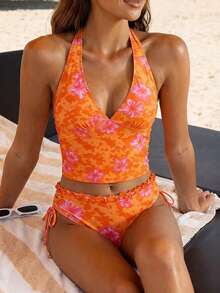 Swim Vcay Bộ bikini hai mảnh in hoa dành cho nữ, áo cổ yếm và quần bikini buộc dây có bèo nhún, thích hợp cho mùa hè. - Nhiều màu - Xem 2
