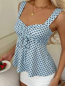 CovetEZ 2026春夏新款女装：蓝棕色波点可爱休闲百搭荷叶边抽绳衬衫/背心 - 藍色 - 查看 4