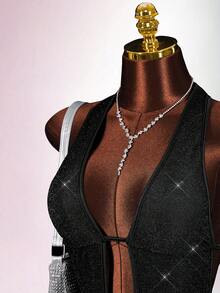 Amplova Bộ jumpsuit nữ màu hồng bóng bẩy, gợi cảm và phá cách, thích hợp cho buổi hẹn hò ngày Valentine, cổ yếm, hở lưng, khoét rỗng phía trước và giữa, vạt áo bất đối xứng. - màu đen - Xem 5