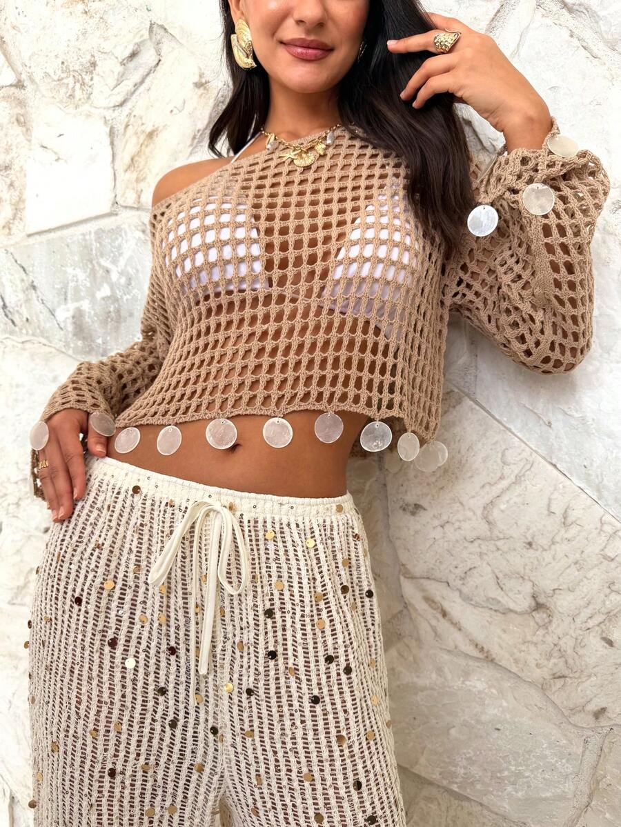 Firerie 女士优雅休闲镂空透视贝壳下摆宽松针织沙滩罩衫，适合春夏海滩度假 - 卡其色 - 查看 1