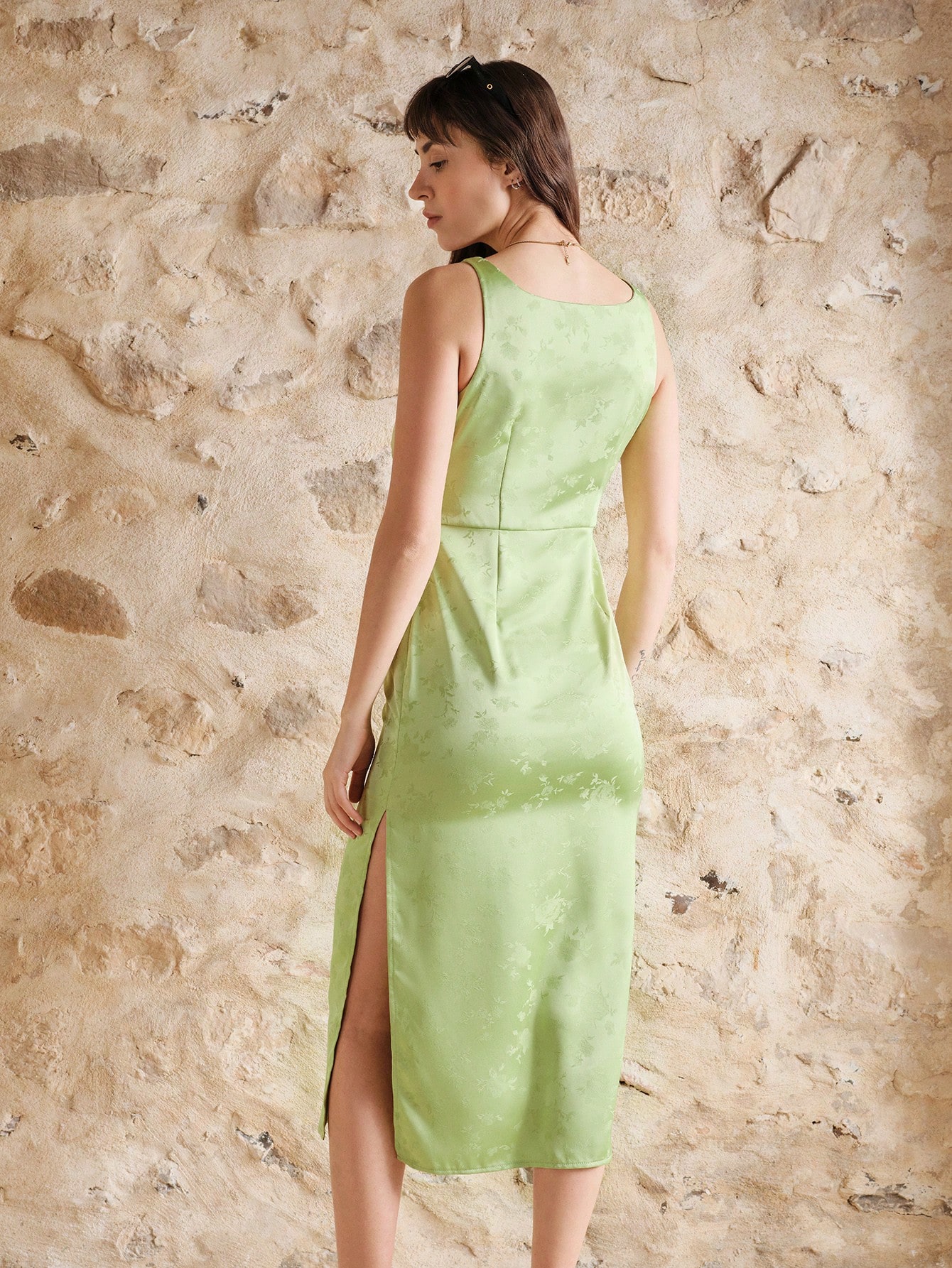 Satin Midi Dress With Curved Bust Seams And Side Slit Spring Summer French Style Parisian Style Vacation Dress Resort Dress Holiday Dress Wedding Guest Dress