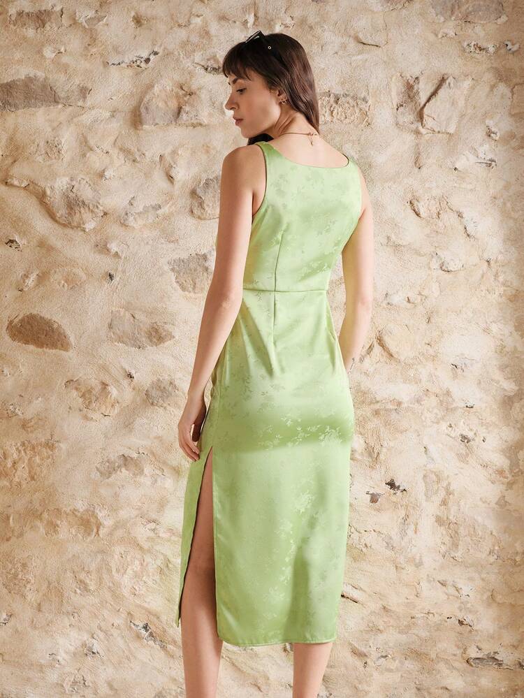 Satin Midi Dress With Curved Bust Seams And Side Slit Spring Summer French Style Parisian Style Vacation Dress Resort Dress Holiday Dress Wedding Guest Dress