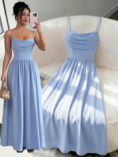 Elenzga Elegancka, romantyczna sukienka dla druhny z szyfonu z ramiączkami typu spaghetti, z lejącą się, marszczoną talią i eleganckim, romantycznym wzorem dla gości weselnych