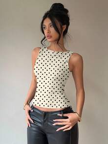 Aloruh 女士通勤休闲露背蝴蝶结圆领杏色波点无袖衬衫 - 白色 - 查看 4