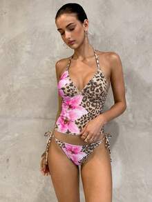 Swim Glamine 甜美花卉印花黄色格子比基尼套装，休闲春夏海滩派对度假两件套 - 玫紅色 - 查看 9