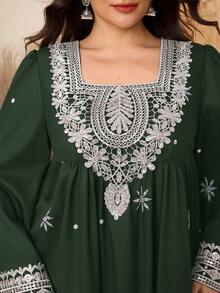 Al Najma Plus Floral Embroidery Square Neck Kaftan Dress - Dark Green - View 8