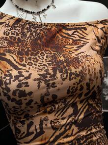 EgrlEra 女士复古性感紧身镂空动物纹迷你连衣裙 - 棕色 - 查看 5