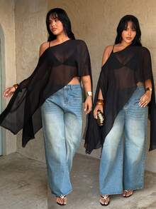 Rustia Áo kiểu nữ cỡ lớn thời trang và thanh lịch màu đen bằng vải chiffon hơi xuyên thấu, vạt áo bất đối xứng, vai bất đối xứng, áo một vai mùa xuân/hè, áo hở vai cỡ lớn, trang phục đi nghỉ mát cho người có thân hình đầy đặn, áo bất đối xứng, áo xuyên thấu cỡ lớn, áo đen xuyên thấu cỡ lớn, áo một vai, áo choàng xuyên thấu cỡ lớn, áo poncho xuyên thấu, bộ đồ denim cho nữ, trang phục 2 mảnh cho nữ có thân hình đầy đặn, quần jeans nữ cỡ lớn, áo poncho xuyên thấu, áo choàng xuyên thấu, trang phục mùa hè cho nữ cỡ lớn. - màu đen - Xem 8