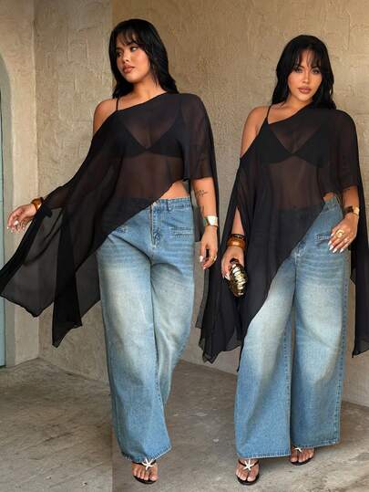 Rustia Plus Size Women's Fashionable & Elegant Black Semi-Sheer Chiffon Asymmetric Hem Asymmetrical Shoulder Blouse, Spring/Summer